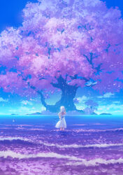 1girl absurdres au_ito blue_bow blue_ribbon bow cherry_blossoms dress dress_bow dress_ribbon fantasy floating_clothes floating_hair from_behind highres hill horizon long_hair nature ocean original oversized_plant petals ribbon scenery sleeveless sleeveless_dress solo standing straight_hair tree very_wide_shot wading waves white_dress white_hair wind