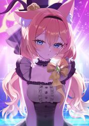 1girl absurdres animal_ear_fluff animal_ears backlighting black_dress black_hairband black_hat blue_archive blue_eyes blush breasts buttons cat_ears center_frills choker collarbone commentary domodomo0708 double-parted_bangs dress eyelashes flower frilled_choker frilled_dress frills grey_dress hair_between_eyes hairband halo hat hat_flower highres idol idol_clothes long_hair looking_at_viewer low_twintails mari_(blue_archive) mari_(idol)_(blue_archive) medium_breasts official_alternate_costume official_alternate_hairstyle orange_hair parted_lips rose sleeveless sleeveless_dress solo stage top_hat tsurime twintails two-tone_dress upper_body yellow_flower yellow_halo yellow_rose