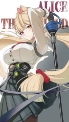Rule 34 | 1girl, alice thymefield, blonde hair, breasts, character name, heterochromia, highres, holding, holding sword, holding weapon, large breasts, long hair, rapier, rena (rena emc2), solo, sword, twintails, weapon, white background, zenless zone zero