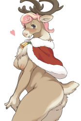 1girl antlers blush body_fur brown_fur capelet commentary_request cowboy_shot furry furry_female horns kikurage_(crayon_arts) looking_at_viewer nude original pink_eyes pink_hair red_capelet reindeer_antlers reindeer_girl short_hair simple_background solo standing tail white_background