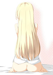 1girl absurdres ass bad_feet bad_id bad_pixiv_id blonde_hair blouse bottomless female_focus gradient_background highres long_hair original shirt sitting sleeveless sleeveless_shirt solo tabuchi_(tabuchisanchi) tabuchisan very_long_hair white_background white_shirt