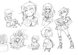1boy 1girl absurdres age_difference black_leotard blush cat closed_eyes closed_mouth corocoro_comic facial_hair father_and_daughter flying_sweatdrops greyscale grin half-closed_eyes hat highleg highleg_leotard highres hyper_yoyo_accel jitome kneehighs leotard leotard_under_clothes looking_at_viewer looking_back medium_hair monochrome multiple_views official_art open_mouth shoes short_shorts short_sleeves shorts sitting sketch smile smug socks standing striped_clothes striped_socks sweatdrop teeth thighs tonton_manga wakaba_(hyper_yoyo_accel) yo-yo