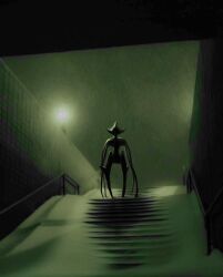 deoxys deoxys_(attack) gen_3_pokemon handrail highres horror_(theme) lamppost mellowmellow666 monochrome mythical_pokemon night night_sky nintendo outdoors pokemon pokemon_(creature) pokemon_focus sky snow stairs standing
