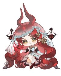 Rule 34 | 1girl, :3, absurdly long hair, angel wings, black sleeves, chibi, chinese commentary, choker, closed mouth, clothing cutout, clover hair ornament, commentary request, demon horns, detached sleeves, dress, eeeestella, elbow gloves, eyelashes, fang, fang out, fire, four-leaf clover hair ornament, gloves, gradient wings, grey wings, hair ornament, happy, highres, horns, horns through headwear, invisible chair, lantern, leg cutout, light blush, long hair, medium dress, multicolored wings, nikki (series), outstretched hand, pantyhose, pyrokinesis, red fire, red hair, red horns, red shoes, shining nikki, shoes, short sleeves, simple background, sitting, skin fang, smile, solo, sparkling eyes, strapless, strapless dress, veil, very long hair, wavy hair, white background, white choker, white dress, white gloves, white pantyhose, white veil, white wings, wings, yellow eyes