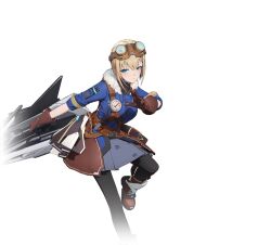 1girl axe belt black_pantyhose blonde_hair blue_eyes blue_jacket blush boots breasts brown_belt brown_gloves closed_mouth fur-trimmed_jacket fur_trim gloves goggles goggles_on_head hair_behind_ear holding holding_axe holding_polearm holding_weapon huge_weapon jacket looking_at_viewer medium_breasts official_art open_hand pantyhose polearm pouch shirt short_hair skirt smile solo standing standing_on_one_leg starward steampunk transparent_background weapon zakharova