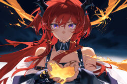 Rule 34 | 1girl, absurdres, arknights, bare shoulders, black dress, breasts, closed mouth, demon horns, detached collar, dress, hair between eyes, highres, holding, holding liquid, horns, infection monitor (arknights), jacket, liquid, long hair, looking at viewer, purple eyes, red hair, solo, sparrow (xici9527), surtr (arknights), upper body