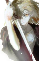 Rule 34 | 1boy, absurdres, black hanfu, blonde hair, blood, blood on face, blood on hands, bloody weapon, blurry, chest sarashi, chinese clothes, chinese commentary, collarbone, depth of field, driedpersimmonisverydelicious, earrings, eyelashes, floating hair, glint, hair between eyes, hand up, hanfu, highres, holding, holding sword, holding weapon, huang shaotian, huang shaotian (troubling rain), injury, jewelry, jian (weapon), light particles, looking at viewer, male focus, medium hair, official alternate costume, official alternate hair length, official alternate hairstyle, one eye covered, open clothes, open robe, parted lips, quan zhi gao shou, robe, sarashi, simple background, single earring, smile, solo, sword, upper body, weapon, white background, wind, yellow eyes