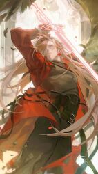 1boy arm_up belt belt_buckle black_belt black_gloves black_pants black_shirt black_wings blue_eyes brown_hair buckle coat commentary crisis_core_final_fantasy_vii earrings falling_feathers feathered_wings feathers feet_out_of_frame final_fantasy final_fantasy_vii floating_hair forrbyshin genesis_rhapsodos gloves hair_over_one_eye hashtag-only_commentary highres holding holding_sword holding_weapon jewelry long_hair long_sleeves looking_to_the_side male_focus one_eye_covered open_mouth pants parted_bangs pillar red_coat shirt sideways_glance single_wing solo sword very_long_hair weapon wings