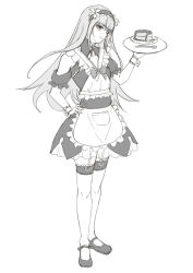 absurdres androgynous apron bow bowtie chevalier_d&#039;eon_(fate) chevalier_d&#039;eon_(maid_knight)_(fate) dress fate/grand_order fate_(series) food frills garter_straps highres holding holding_plate just_we lace lace-trimmed_legwear lace_trim layered_dress long_hair maid maid_headdress mary_janes original pancake patch plate shoes smile solo solo_focus spoon thighhighs white_apron