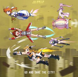 Rule 34 | &gt; &lt;, braid, brown hair, choujigen game neptune, city, crossover, fat, fat woman, flying, heei juun, isshiki akane, jetpack, kamen rider, kamen rider (1st series), kaname madoka, kaname madoka (magical girl), lyrical nanoha, magical girl, mahou shoujo lyrical nanoha, mahou shoujo madoka magica, mahou shoujo madoka magica (anime), multiple crossover, neptune (series), pink hair, purple hair, purple heart (neptunia), raising heart, raising heart (device mode) (1st), red hair, senki zesshou symphogear, short hair, staff, tachibana hibiki (symphogear), takamachi nanoha, takamachi nanoha (movie 1st mode), twin braids, vividred operation, winged footwear, yellow eyes, yuuki yuuna, yuuki yuuna wa yuusha de aru, yuusha de aru
