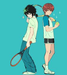 2boys baggy_clothes baggy_pants bags_under_eyes ball bare_legs black_eyes black_hair black_nails black_shorts blue_background brown_eyes brown_hair commentary death_note denim english_commentary hair_behind_ear hair_between_eyes hand_to_own_mouth hand_up heart highres holding holding_ball holding_tennis_racket index_finger_raised jeans l_(death_note) light_brown_hair looking_at_another male_focus multicolored_clothes multiple_boys nail_polish pants parted_lips ponytail racket shirt shoes short_ponytail short_sleeves shorts simple_background sneakers socks softp3ach sparkle speech_bubble spoken_heart sportswear tennis tennis_ball tennis_racket tennis_uniform white_footwear white_shirt white_socks yagami_light yaoi