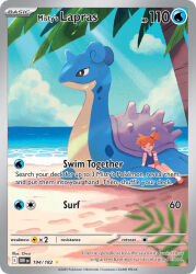 1girl artist_name beach bikini blue_bikini blue_sky card_(medium) character_name closed_eyes closed_mouth cloud company_name copyright_name copyright_notice day english_text footprints gen_1_pokemon lapras medium_hair misty_(pokemon) nintendo official_art orange_hair orca_(pokemon) outdoors palm_tree plant poke_ball_print pokemon pokemon_(creature) pokemon_card pokemon_frlg pokemon_tcg red_shoes sand shoes side_ponytail sky smile sunlight swimsuit third-party_source towel trading_card tree water
