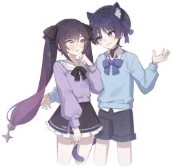Rule 34 | 1boy, 1girl, absurdres, alternate costume, animal ear fluff, animal ears, aqua eyes, baegbalbaegjung, beret, black bow, black hat, black shirt, black shorts, black skirt, black undershirt, blouse, blue bow, blue sleeves, blue sweater, blunt bangs, blunt ends, blush, bow, cat boy, cat ears, cat tail, clenched hand, collar, collarbone, commission, contemporary, crescent ornament, cropped legs, earrings, eyelashes, eyeliner, eyeshadow, frilled skirt, frills, genshin impact, gradient hair, hair between eyes, hair bow, hand up, hat, hat bow, height difference, hetero, highres, jewelry, layered skirt, long hair, long sleeves, makeup, mona (genshin impact), multicolored hair, open hand, open mouth, outstretched arm, parted bangs, purple bow, purple eyes, purple hair, purple shirt, purple skirt, purple sleeves, red eyeliner, red eyeshadow, scaramouche (genshin impact), school uniform, second-party source, shirt, shorts, sidelocks, skirt, star (symbol), star earrings, star print, sweater, tail, tail around another&#039;s leg, tail wrap, turtleneck, turtleneck shirt, twintails, white background, white collar, white undershirt, wispy bangs