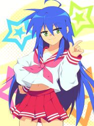1girl :3 absurdres ahoge blue_hair commentary english_commentary goodboideogie green_eyes highres izumi_konata long_hair lucky_star mole mole_under_eye neckerchief pink_neckerchief red_sailor_collar ryouou_school_uniform sailor_collar school_uniform serafuku solo star_(symbol)