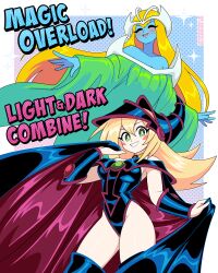 Rule 34 | 2girls, absurdres, adapted costume, bare shoulders, black cape, blonde hair, blue skin, blush stickers, breasts, bright pupils, cape, closed eyes, colored skin, dark magician girl, dress, english text, green dress, green eyes, grin, highres, long hair, looking at viewer, medium breasts, multiple girls, mystical elf, nico-neko, smile, thighhighs, vambraces, very long hair, white pupils, yu-gi-oh!