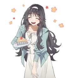 ^_^ blush cake cake_slice closed_eyes dress flower food fruit hand_on_own_thigh headband highres jacket long_hair pastry shouz skirt smile strawberry string string_bowtie waguri_kaoruko