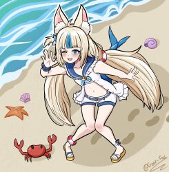 1girl absurdres ahoge animal_ear_fluff animal_ears beach blonde_hair blue_eyes blue_hair blush breasts crab fins fish_girl fish_tail gear_foxx hair_ornament highres indie_virtual_youtuber long_hair multicolored_hair ocean one_eye_closed sameko_saba sand sandals seashell shell shorts small_breasts starfish streaked_hair tail twitter_username virtual_youtuber water