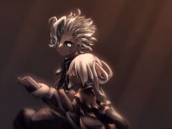 1boy 1girl aged_down aqua_eyes asymmetrical_hair belafu black_capelet blue_eyes book bright_pupils brown_background brown_capelet capelet child closed_mouth dark-skinned_female dark_skin facial_mark from_side gloves glowing green_hair grey_hair hair_over_one_eye hair_rings highres holding holding_book humanization irumyuui light_rays long_hair long_sleeves looking_at_another made_in_abyss marudoll multicolored_hair open_book profile reading scar scar_across_eye scar_on_face shawl short_hair sitting smile streaked_hair two-tone_hair white_gloves white_hair yellow_eyes