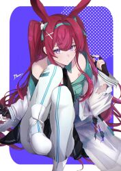 1girl 99noe_honoka aqua_hairband aqua_shirt arknights bare_shoulders black_necktie black_skirt bow breasts closed_mouth detached_collar expressionless gloves hair_between_eyes hair_bow hair_ornament hairband hand_up highres jacket knees_to_chest long_hair looking_at_viewer miniskirt necktie pantyhose purple_eyes ray_(arknights) ray_(dreaming_high)_(arknights) shirt sitting skirt torn_clothes torn_jacket twintails white_footwear white_jacket white_pantyhose x_hair_ornament