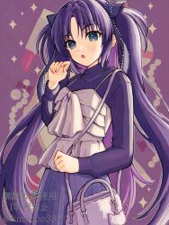 Rule 34 | 1girl, :o, alternate costume, bag, blue eyes, blue ribbon, blush, clenched hands, commentary, cowboy shot, eyelashes, hair ribbon, hand up, handbag, highres, lace, lace-trimmed ribbon, lace trim, little busters!, long hair, long sleeves, looking at viewer, open mouth, parted bangs, piyo (kinkooo333), purple background, purple hair, purple shirt, purple skirt, ribbon, sasasegawa sasami, shirt, sidelighting, sidelocks, simple background, skirt, solo, sparkle, turtleneck, twitter username, two side up, very long hair, white bag