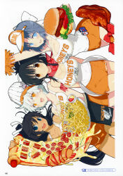 4girls absurdres animal_ears apron arm_up armpit_crease asuka_(senran_kagura) bacon bare_shoulders bebe-tan beef bell_pepper bell_pepper_slice black_hair blue_eyes blush bow brand_name_imitation bread_bun breasts brown_eyes burger character_pin cheering cheese cheese_trail chef_hat chicken_(food) chicken_leg chili_pepper_print cleavage collarbone corn_dog covered_navel cup dark-skinned_female dark_skin egg_(food) employee_uniform fast_food fast_food_uniform flat_top_chef_hat food food_print french_fries fried_chicken green_eyes green_pepper grey_hair groin hair_between_eyes hair_bow hair_ribbon hat high_ponytail highres holding holding_food holding_pizza holding_plate holding_pom_poms homura_(senran_kagura) hooters hot_dog ketchup large_breasts leaf lettuce logo long_hair looking_at_viewer marvelous meat miyabi_(senran_kagura) multiple_girls mustard ninto ninto_(senran_kagura) open_mouth orange_headwear orange_shorts page_number pepperoni pizza pizza_slice plate pom_pom_(cheerleading) pom_poms ponytail print_tank_top rabbit rabbit_ears red_bow red_scarf ribbon sandwich sauce sausage scarf senran_kagura senran_kagura_peach_beach_splash senran_kagura_shinovi_versus senran_kagura_shoujo-tachi_no_shin&#039;ei sesame_seeds shiny_skin short_hair short_shorts shorts simple_background slit_pupils smile stuffed_animal stuffed_toy sunglasses tan tank_top teddy_bear teeth tomato tomato_slice tongue tray upper_teeth_only visor_cap waitress white_background white_bow white_hair white_ribbon yaegashi_nan yellow_eyes yumi_(senran_kagura)