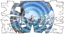 1boy aircraft airplane blood blood_splatter copyright_name crate day death extendx0 marco_polo_(touhouken_bunroku) ocean pov sailing_ship spoilers touhouken_bunroku_(game)