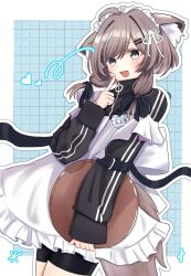 1girl :3 :d ahoge alternate_costume animal_ear_fluff animal_ears apron bike_shorts black_bow black_jacket black_ribbon black_shorts blue_background blush border bow brown_hair cowboy_shot dress enmaided finger_to_cheek finger_to_face finger_to_mouth frilled_apron frills grey_eyes grey_hair hair_bow hair_ornament hair_over_shoulder hair_ribbon hairclip hand_up heart highres holding holding_tray index_finger_raised jacket long_hair long_sleeves looking_at_viewer low_twintails mafuyu_(vrchat) maid maid_apron maid_headdress medium_hair mrkm46 name_tag open_mouth outline ribbon short_hair shorts sidelocks simple_background sleeves_past_wrists smile solo tail track_jacket tray twintails unconventional_maid vrchat waitress white_apron white_border white_outline