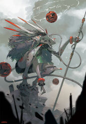 1girl bracelet cable cape claws cloak cloud cloudy_sky coat cyborg debris electricity esuthio extra_arms fur_cape fur_coat grey_sky highres holding holding_polearm holding_staff holding_weapon humanoid_robot jewelry joints lightning mask mechanical_arms mechanical_legs mechanical_tail orb original outdoors polearm robot robot_joints rock rubble science_fiction shorts sky solo spear squatting staff tail weapon