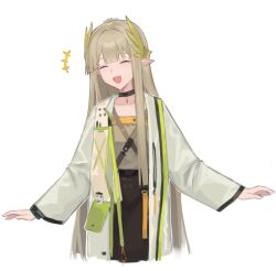+++ 1girl :d ^_^ arknights bajigurr black_choker blush brown_hair choker closed_eyes coat collarbone cropped_legs elf grey_coat happy highres infection_monitor_(arknights) lab_coat laughing long_hair long_sleeves mole mole_under_eye muelsyse_(arknights) open_clothes open_coat open_mouth pointy_ears simple_background smile solo white_background