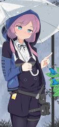 1girl absurdres animal arknights beamed_eighth_notes black_pantyhose black_ribbon blue_eyes blue_jacket blue_poison_(arknights) blush bright_pupils closed_mouth commentary_request commission cowboy_shot eighth_note frog hair_over_shoulder highres holding holding_umbrella hood hood_up hooded_jacket index_finger_raised jacket jiyuu_(yui_mizukara) leaf long_hair long_sleeves looking_at_animal looking_down musical_note neck_ribbon notice_lines open_clothes open_jacket outdoors pantyhose pink_hair pouch rain ribbon skeb_commission smile solo standing thigh_strap umbrella water water_drop wet white_pupils
