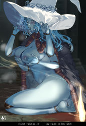 1girl alternate_breast_size blue_eyes blue_hair blue_skin breasts cloak club3 colored_skin cracked_skin doll_joints elden_ring extra_arms fur_cloak glowing_tattoo hat highres joints large_breasts large_hat long_hair looking_at_viewer nipples nude one_eye_closed parted_bangs ranni_the_witch seiza site_of_grace sitting solo white_hat witch witch_hat