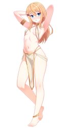 1girl absurdres arabian_clothes armlet armpits barefoot blonde_hair blue_eyes blush breasts chrono_ark dancer dullahan_(alekey_art) full_body gold_trim harem_outfit highres jewelry long_hair looking_at_viewer lucy_(chrono_ark) navel revealing_clothes small_breasts solo standing white_background