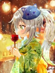 Rule 34 | 1girl, alternate hairstyle, blush, candy apple, cat mask, dated, eyelashes, festival, fingernails, floral print, floral print kimono, food, genshin impact, green eyes, green hair, green kimono, green sleeves, han (riyonosyumi), holding candy apple, japanese clothes, kimono, long hair, long sleeves, looking at food, mask, mask on head, multicolored hair, nahida (genshin impact), outdoors, pointy ears, ponytail, print kimono, scaramouche (cat) (genshin impact), scaramouche (genshin impact), solo, streaked hair, white hair, wide sleeves