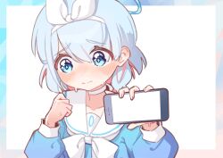 1girl animated animated_gif arona_(blue_archive) blue_archive blue_eyes blue_hair blue_halo blue_pupils blue_shirt bow_hairband cellphone choker chokkon closed_eyes closed_mouth collarbone facing_viewer hairband halo heart heart_halo highres holding holding_phone long_sleeves looking_at_viewer medium_hair mismatched_pupils open_mouth parted_lips phone puffy_long_sleeves puffy_sleeves red_halo red_pupils sailor_collar sailor_shirt shirt shy smartphone solo upper_body white_choker white_hairband white_sailor_collar