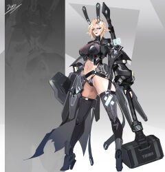 1girl animal_ears belt black_belt black_boots black_lips blonde_hair boots breasts contrapposto elf fake_animal_ears full_body grey_background hammer high_heel_boots high_heels highres holding holding_hammer holding_shield huge_weapon large_breasts long_pointy_ears long_sleeves navel original pointy_ears rabbit_ears revealing_clothes shield short_hair simple_background smjim1986 solo standing thigh_boots weapon