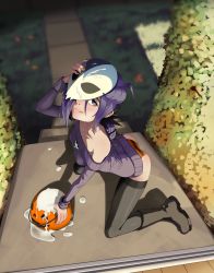 1girl :q ahoge arched_back ass bare_shoulders black_thighhighs blue_eyes blush boots borrowed_character breasts bucket cum cum_bucket cum_in_container cum_on_clothes cum_on_mask cum_pool female_focus gokkun halloween highres jack-o&#039;-lantern kneeling long_hair looking_at_viewer looking_up mask medium_breasts off-shoulder off-shoulder_sweater off_shoulder original panties polyle purple_hair shadow smile solo striped_clothes striped_panties sweater thighhighs tongue tongue_out underwear wide_hips zone-tan