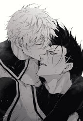 2boys absurdres barou_shouei blue_lock chuma_a_a closed_eyes greyscale highres kiss light_blush looking_at_another male_focus monochrome multiple_boys nagi_seishirou nose open_mouth shirt short_hair simple_background soccer_uniform sportswear teeth upper_teeth_only white_background yaoi