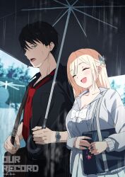 1boy 1girl :d ^_^ absurdres bag black_hair black_pants black_shirt black_umbrella blonde_hair blue_nails blurry blurry_background bow breasts butterfly_hair_ornament cleavage closed_eyes collared_shirt commentary_request day depth_of_field dress_shirt grey_shirt hair_ornament highres holding holding_umbrella jacket long_hair medium_breasts misaki_nonaka nail_polish open_clothes open_jacket open_mouth original outdoors pants pleated_skirt rain school_bag school_uniform shared_umbrella shirt skirt smile twitter_username umbrella very_long_hair watch white_bow white_jacket white_skirt wristwatch