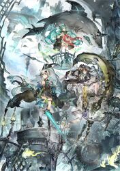 Rule 34 | 3girls, absurdres, animal, aqua hair, asymmetrical clothes, black hair, book, closed eyes, dress, engine, feet, fire, flat chest, floating, floating hair, floating island, full body, gloves, grey hair, highres, holding, holding weapon, long hair, multiple girls, original, polearm, scarf, scenery, shark, shorts, sitting, spear, tokino kito, weapon