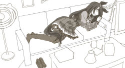 1girl ahoge animal_ears closed_mouth collared_shirt couch cup ear_tag earrings greyscale horse_ears horse_girl horse_tail jewelry long_hair lying manhattan_cafe_(umamusume) monochrome mug on_couch on_side pantyhose pleated_skirt root_12047841 sailor_collar school_uniform shirt shirt_tucked_in shoes single_earring skirt solo tail tracen_school_uniform twintails umamusume unworn_shoes very_long_hair