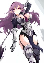 1girl armor breasts cleavage cleavage_cutout closed_mouth clothing_cutout commentary cowboy_shot disgaea dot_mouth gauntlets hair_between_eyes hairband halberd heavy_knight_(disgaea) highres holding holding_weapon kakuwashi knee_guards large_breasts long_hair looking_at_viewer makai_senki_disgaea pointy_ears polearm purple_eyes purple_hair simple_background solo standing thighs very_long_hair weapon white_background