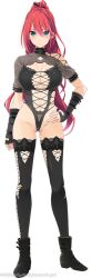 aqua_eyes black_boots black_gloves boots breasts cleavage gloves hair_ribbon high_ponytail highres large_breasts non-web_source onizuki_rei ponytail ribbon thighhighs