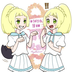 ! !! 2girls blonde_hair clenched_hands commentary_request disguised_zorua eyelashes green_eyes grin highres hiyokko2min lillie_(pokemon) long_hair multiple_girls nintendo open_mouth paw_pose pleated_skirt pokemon pokemon_sm pokemon_tail ponytail shirt short_sleeves skirt smile sweatdrop tail teeth tongue translation_request white_shirt white_skirt
