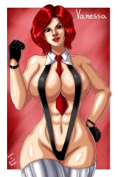 1girl between_breasts bikini bodysuit breasts curvy female_focus formal_clothes gloves hand_on_own_hip highres leather looking_at_viewer muscular muscular_female one-piece_swimsuit open_mouth pale_skin red_eyes red_hair rodriguesd-marcelo shiny_clothes shiny_skin short_hair smile smiley_face socks standing suspenders swimsuit the_king_of_fighters thick_lips thick_thighs thighs tight_clothes toned toned_female vanessa_(kof) wide_hips