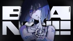1girl aiming aiming_at_viewer bare_shoulders black_hair black_nails blue_eyes blue_hair bob_cut butterfly_tattoo cg_gs6 character_name collarbone colored_eyelashes crack cracked_glass face_piercing facial_tattoo film_grain finger_gun fingernails hair_between_eyes head_tilt highres indie_utaite jewelry limited_palette lip_piercing looking_at_viewer necklace parted_lips piercing portrait shadow short_hair shoulder_tattoo solo song_name spaghetti_strap straight-on tattoo upper_body yoei._(utaite)