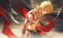 1boy abs absurdres armlet blonde_hair braid chain chest_tattoo chinese_commentary clawed_gauntlets coat commentary_request earrings facial_tattoo gold_armlet gold_earrings gold_necklace gradient_hair hair_between_eyes highres honkai:_star_rail honkai_(series) jewelry male_focus medium_hair multicolored_hair mydei_(honkai:_star_rail) necklace pectorals red_hair red_tattoo side_braid solo tattoo toned toned_male topless_male xuanjilingzhu yellow_eyes