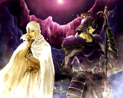 2boys armor bracelet dark-skinned_male dark_skin final_fantasy final_fantasy_ii gauntlets hand_up helmet holding holding_polearm holding_weapon jewelry male_focus minwu multiple_boys polearm ricard_highwind robe standing weapon white_hair white_robe xiangzhi08