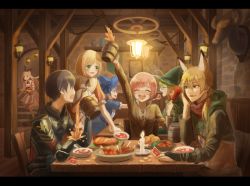 3girls 4boys ahoge animal_ears armor bad_id bad_pixiv_id beer_mug blush boned_meat bridal_gauntlets coin commentary cup dress faceless fang feeding food fushimi_gaku green_eyes hat highres hood kenmochi_touya letterboxed long_hair meat mononobe_alice mug multiple_boys multiple_girls nijisanji open_mouth pink_hair serving shibuya_hajime short_hair soup spilling suzuya_aki tavern trap tray virtual_youtuber witch_hat wizard_hat yama_naosuke yuuhi_riri yuuki_chihiro