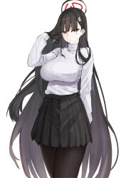 1girl absurdres aooka arm_at_side black_pantyhose black_skirt blue_archive breasts bright_pupils commentary halo hand_in_own_hair highres large_breasts long_hair long_sleeves looking_at_viewer pantyhose pleated_skirt ringed_eyes rio_(blue_archive) simple_background skirt solo straight_hair sweater sweater_tucked_in very_long_hair white_background white_pupils white_sweater