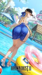 1girl ass baseball_cap bikini black_hat blonde_hair blue_eyes breasts brown_dust_(series) brown_dust_2 copyright_name cup curvy dress earrings hair_over_one_eye hair_ribbon hand_up hat high_heels highleg highleg_bikini highres holding holding_cup huge_ass jewelry large_breasts legs long_hair official_art pool poolside ribbon short_dress side_slit sleeveless sleeveless_dress solo swimsuit thick_thighs thigh_strap thighs wide_hips wilhelmina_(brown_dust)